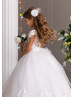 Ivory Lace Tulle Sheer Buttons Back Flower Girl Dress